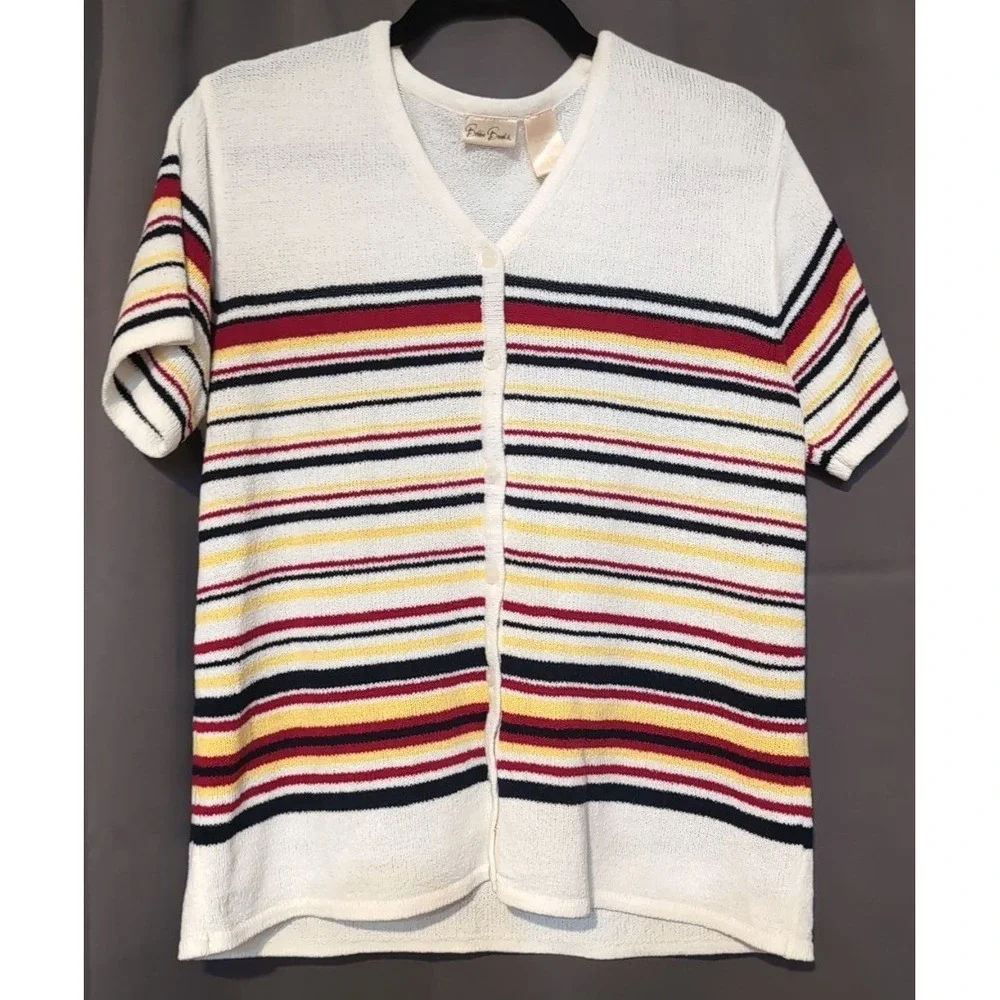 Bobbie Brooks Short Sleeve Striped Knit Cardigan, Cream Red Blue, Women's Large